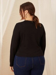 Camiseta de Talla Grande de Manga Larga de Talla Grande para Mujer Casual, Camisa de Talla Grande de Talla Grand de Punto para Dama con Cuello En V Y Cordón, Camisa Deportiva para Yoga Plisada, Camisa Top Informal Holgado - Negro - Ver 8