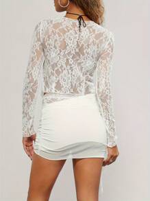 Women Summer Skirts Outfits Lace Low-Cut Tie-Up Front Long Sleeve Ruffles Crop Tops Mini Skirt 2 Pieces Clothes Set - 白色 - 查看 2