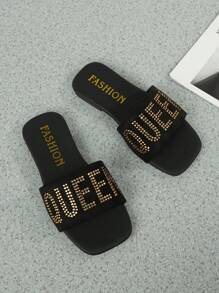 Children's Shoes Girl 2025 Summer New Fashion All Square ToeBright Rhinestone Line With Flat Non-Slip Beach Wear Children's Shoes