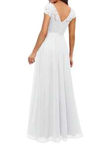 Women's Elegant Long Evening Dress, Solid Color Lace Patchwork Backless V Neck Party Dress - trắng - Xem 5