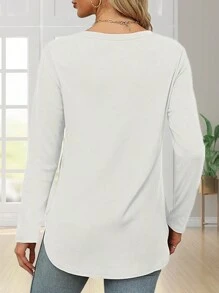 Women's Solid Color Crew Neck Shirt With Side Split Long Sleeve Casual Basic Top - trắng - Xem 2