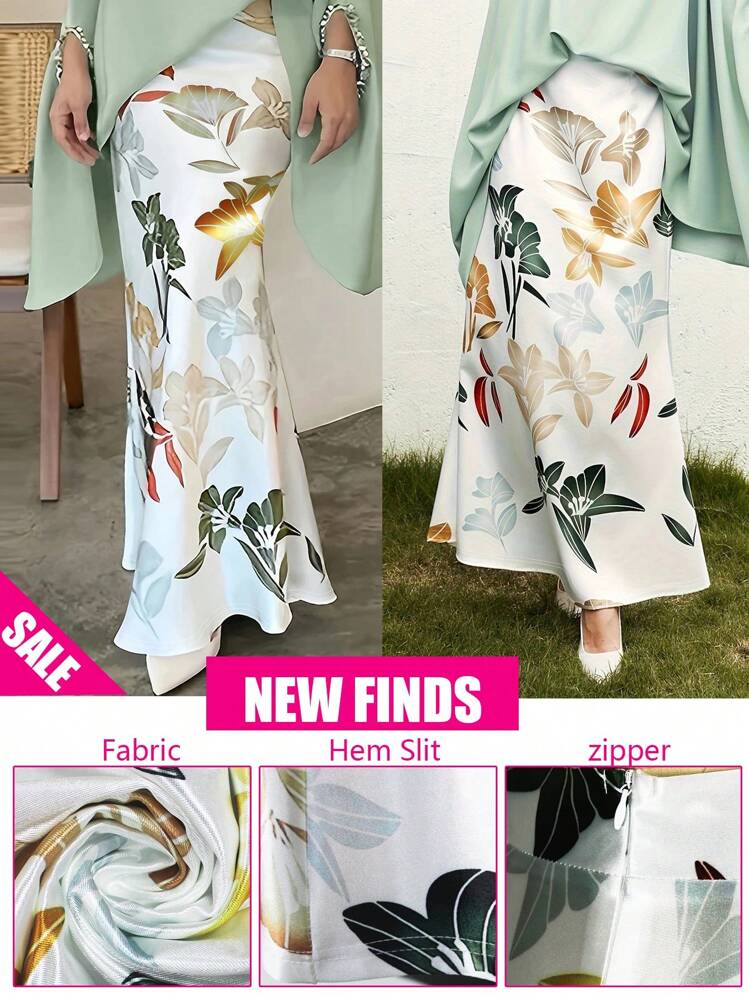 Falda acampanada con estampado floral para mujer talla grande, falda elegante adecuada para fiestas, ir al trabajo y otras ocasiones, vacaciones de primavera y verano blanco - Blanco - Añade 5