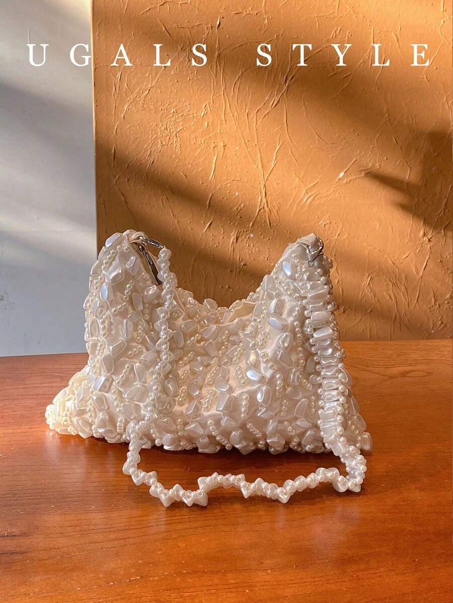 情人节椭圆形钩针花包女士晚宴手拿包新娘婚礼钱包派对舞会手工编织串珠仿珍珠半月形手提包﻿ - 杏色 - 查看 1