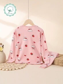 Girls Strawberry Bunny Print Pajama Set, Spring Autumn Home Wear For Young Girl - Pink - View 2