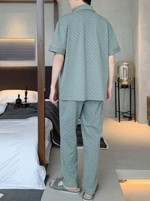 Men Plaid Print Contrast Piping Top & Pants PJ Set - Green - View 3