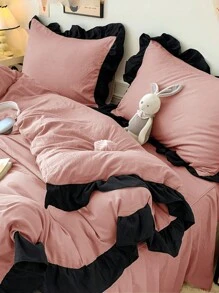 3pcs Soft & Comfortable Pink Ruffled Bedding Set, Suitable For Bedroom And Guest Room - Dusty Pink - View 11