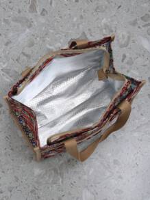 New Thick Knit Jacquard Fabric Tote Bag, Large Capacity Portable Lunch Box Bag, Suitable For Work Lunch, Outdoor Picnic, Lunch Box Storage, Insulated Aluminum Foil Lining, Front Zipper Pocket, RetroLunch BagWomanFor Women LadiesSchool Supplies Stuff Accessories