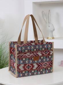 New Thick Knit Jacquard Fabric Tote Bag, Large Capacity Portable Lunch Box Bag, Suitable For Work Lunch, Outdoor Picnic, Lunch Box Storage, Insulated Aluminum Foil Lining, Front Zipper Pocket, RetroLunch BagWomanFor Women LadiesSchool Supplies Stuff Accessories