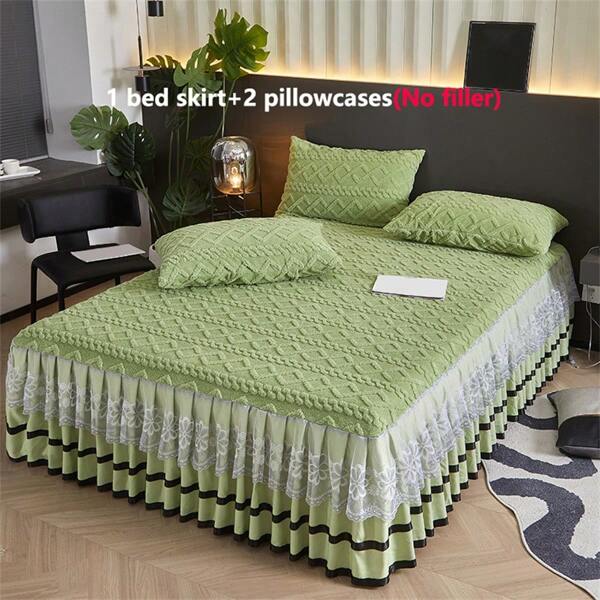 3pcs Microfiber Lace Bedding Set (1pc Bed Skirt + 2pcs Pillow Shams), Elegant Lace Trim Design, Moisture-Wicking, Breathable, Wrinkle-Resistant, Quiet, With Removable Mattress Protector