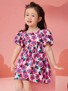 ASK JUNIOR Girls Floral Print Chiffon Beach Dress With Puff Sleeve, Summer Lightweight Sundress For Young Children