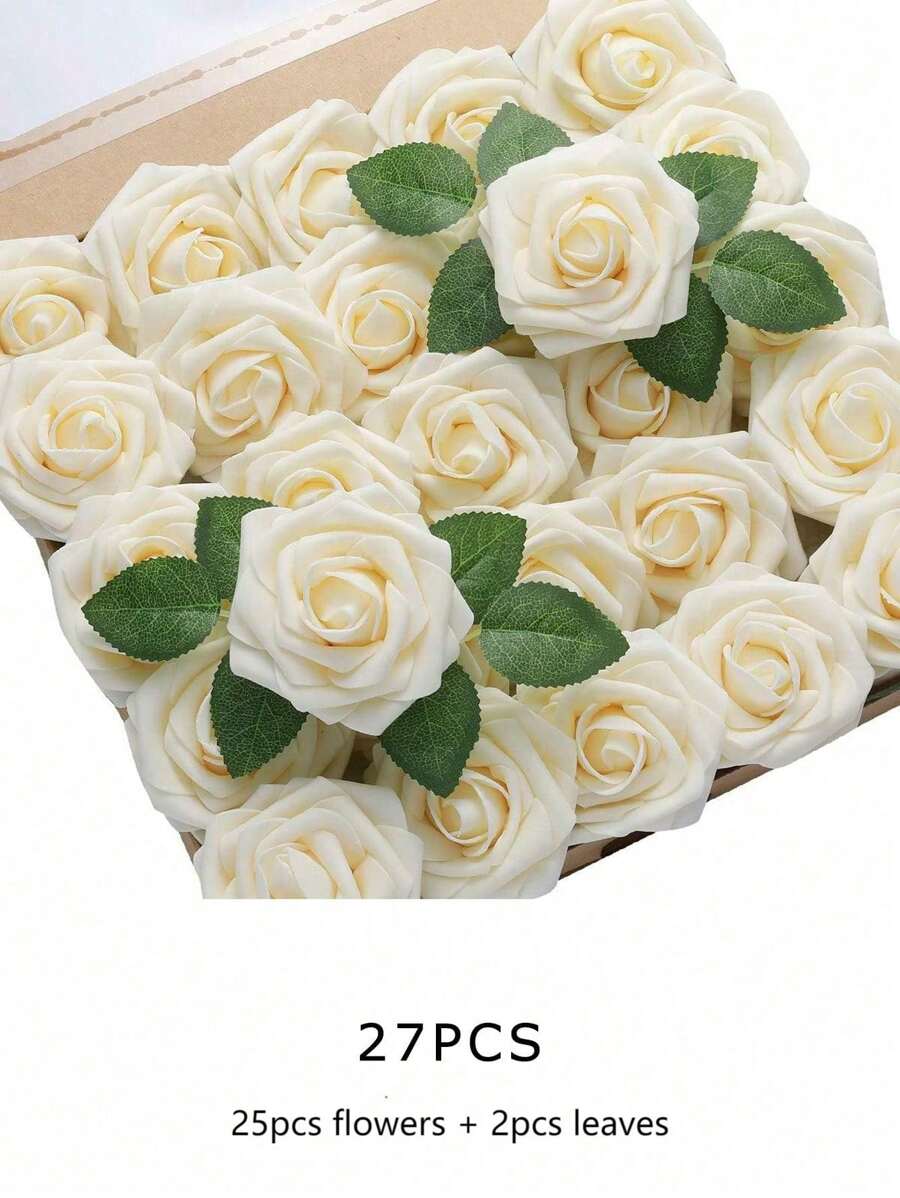 Floroom 27pcs Realistic Grey Pink Foam Artificial Roses With Stems, Suitable For DIY Wedding Bouquets, Bridal Shower Centerpieces, Floral Arrangements, Party Table Decor, Home Decoration (No Packaging Box, OPP Bag Packaging) - Champagne - View 1