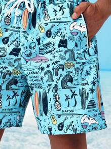 5-Inch Men's Summer Quick Dry Cartoon Beach Shorts, Casual Loose Comfortable Vacation Travel Shorts - Baby Blue - View 7