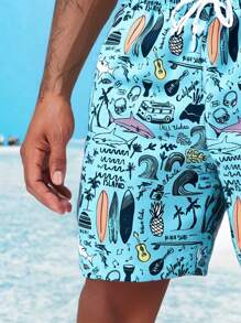 5-Inch Men's Summer Quick Dry Cartoon Beach Shorts, Casual Loose Comfortable Vacation Travel Shorts - Baby Blue - View 6