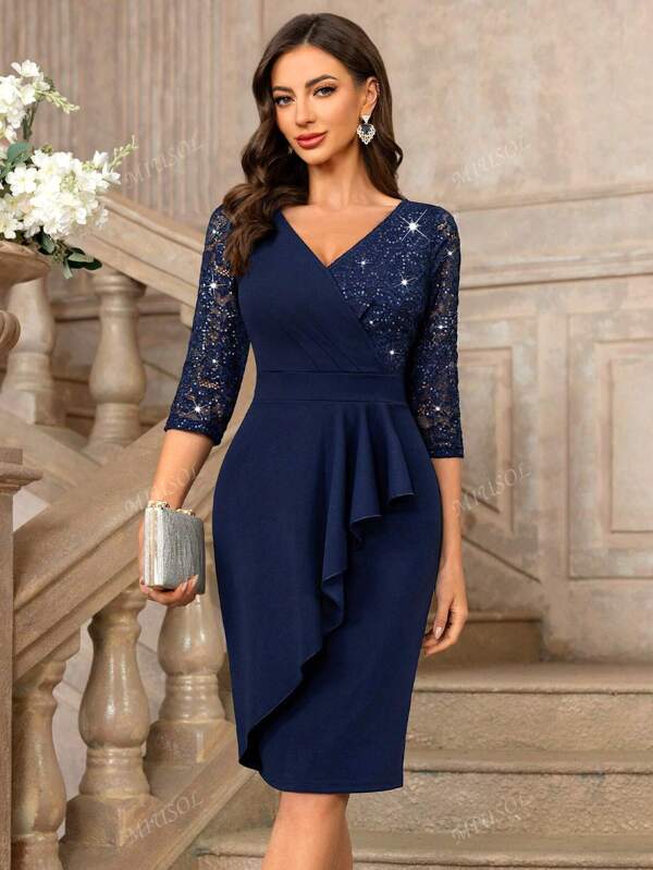 MIUSOL Classic V-Neck Sequin Floral Lace Contrast Ruffle Trim Wrap Hem 3/4 Sleeve Cocktail Party Fitted Dress