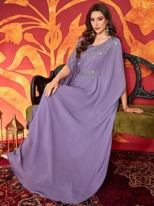 Women's Solid Color Sequin Decor Belted Abaya, Round Neck Elegant Dress Spring - Mauve Purple - View 5