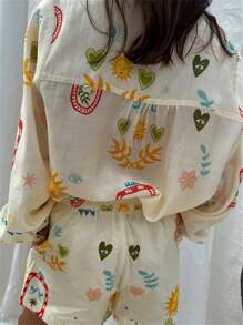 Women's 2 Piece Club Outfits Long Sleeve V Neck Pattern Print Button Up Tops Wide Leg Shorts Sets