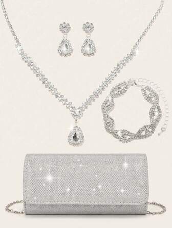 LETODE 4 Pieces Rhinestone Jewelry Necklace Earrings Bracelet Set Glitter Elegant Envelope Clutch Clutch Women Evening Bridal Wedding Purse For Women Prom With Detachable Metal Chain For Wedding And Party Clutch For Ladies Bag Versatile Handheld Bag Cocktail Party Wedding New Wallet Banquet Bag