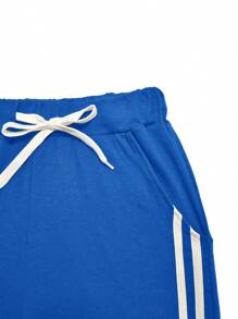 Women Solid Color Splice Short Sleeve Sports Top And Long Pants Set, Minimalist - Blue - View 5