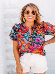 Women's Floral Print V-Neck Ruffle Hem Short Sleeve T-Shirt, Fashionable Summer Pullover Top - Multicolor - View 4