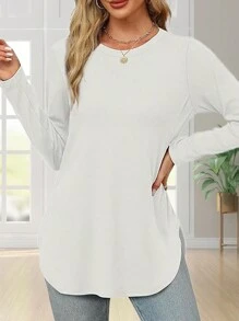 Women's Solid Color Crew Neck Shirt With Side Split Long Sleeve Casual Basic Top - trắng - Xem 3