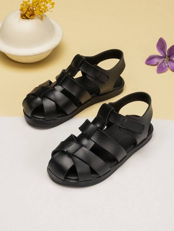 1 Pair Kids Summer Breathable Anti-Slip Sandals, Comfortable And Fashionable Flat Roman Style, Suitable For Indoor And Outdoor Casual And Holiday, Solid Color PU Hook And Loop Design