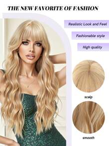 高品质 24 英寸长金色卷发合成耐热纤维假发带刘海女士假发非常适合节日派对日常佩戴 - 金色 - 查看 8