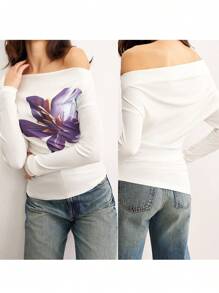 Women's Spring Floral Print Tops Long Sleeve Off Shoulder Slimming T-Shirt - White - View 3