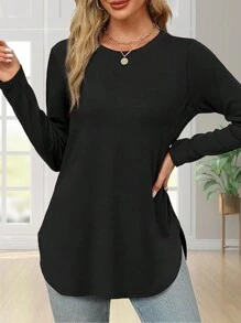 Women's Solid Color Crew Neck Shirt With Side Split Long Sleeve Casual Basic Top - màu đen - Xem 3