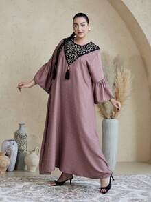 ASBB 重磅金色印花刺繡阿拉伯女款 JALABIYA 流蘇棕色優雅長裙，2026年秋季度假派對休閒穿搭，沙烏地阿拉伯國慶日造型 - 棕色 - 查看 6