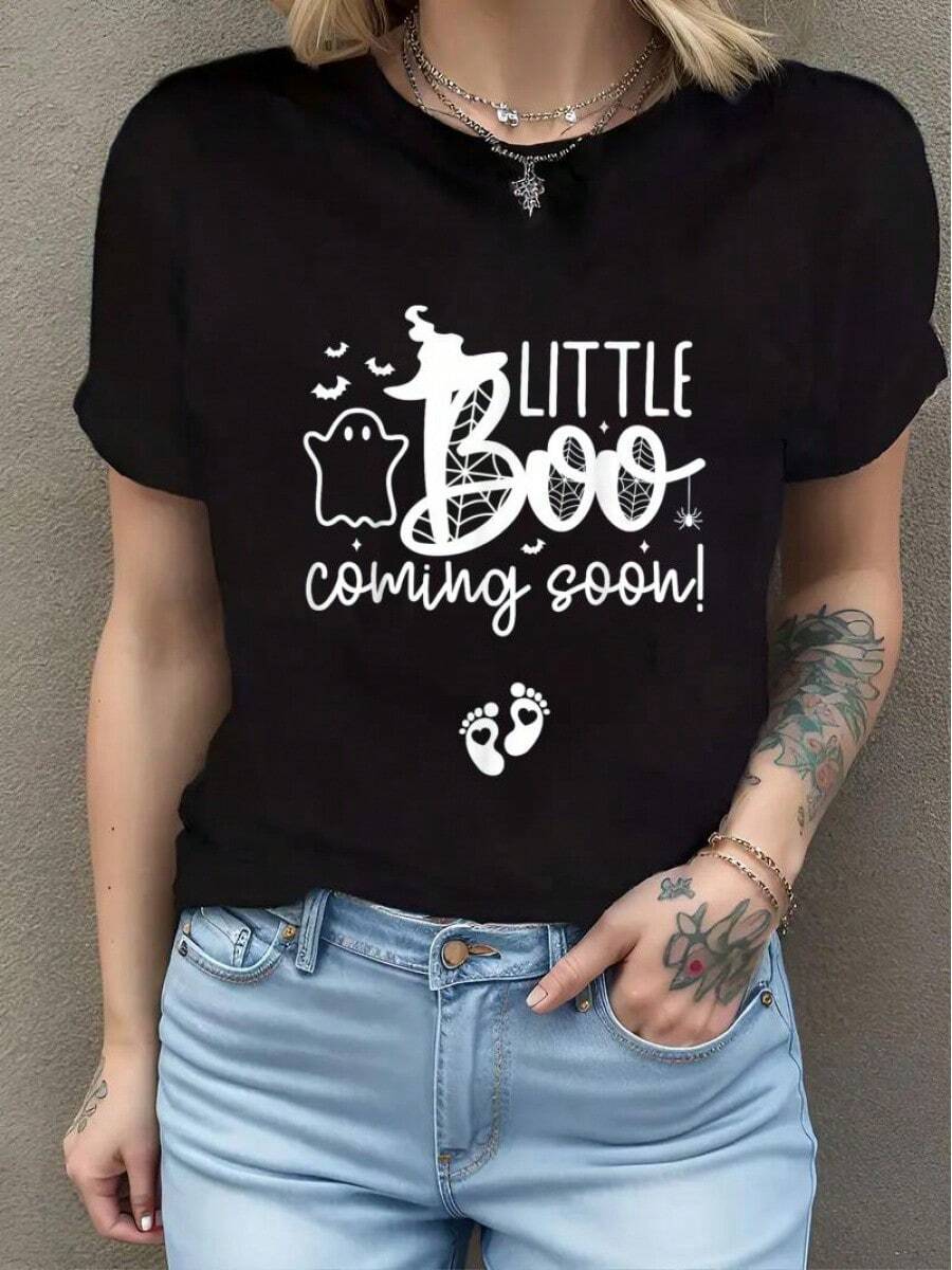Halloween Pregnancy Announcement Little Boo Coming Soon T-Shirt - Black - View 1