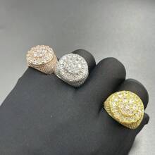 European And American Hip-Hop Style 3-Circle Zirconia Unique Ring, Shiny Brass Fully Zirconia Hiphop Jewelry