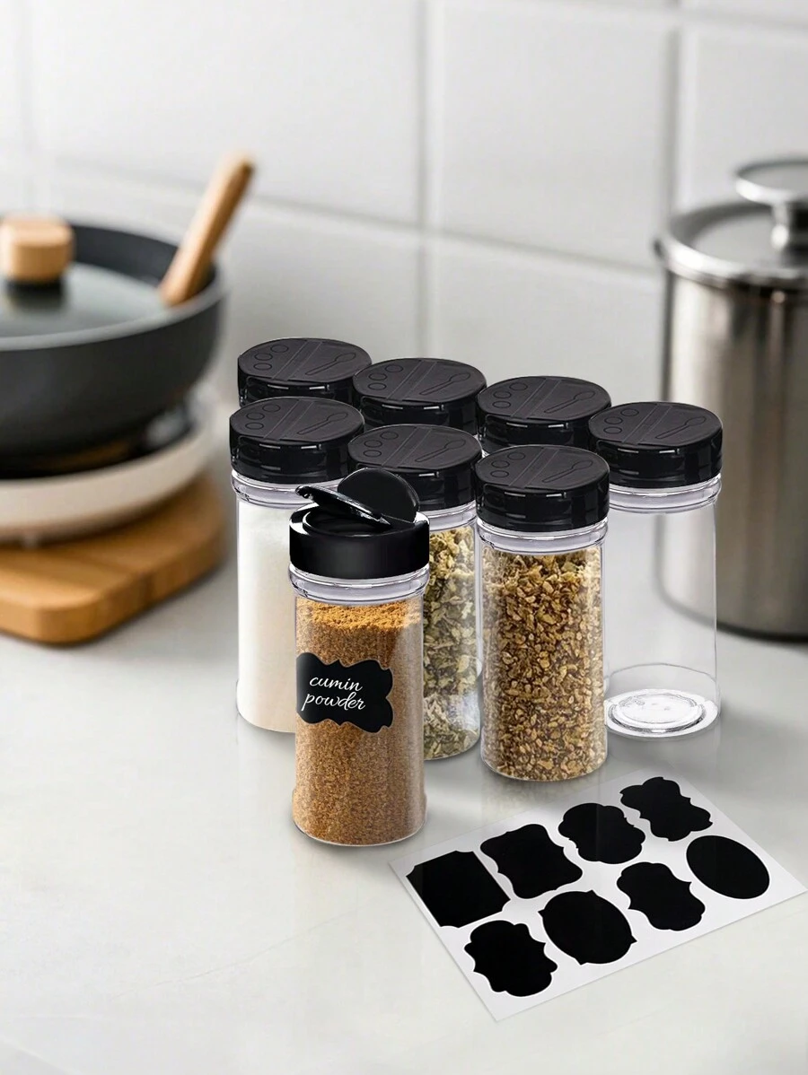 Set de 2/9 piezas - Botellas de plástico transparente para condimentos y papel de etiquetas adhesivas, incluye bote para comino en polvo, salero, pimentero, bote para condimentos - Botellas para empacar para hogar, cocina, útiles escolares - - - Ver 1