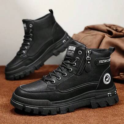 1 Pair Men's Casual Mid-Calf Boots - Solid Color Faux Leather Upper, Fabric Lining, PVC Sole, Round Toe Lace-Up Design, Suitable For Spring And Autumn