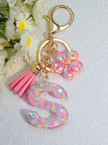 1 pieza Llavero de resina epoxi con brillo, colgante personalizado como accesorio para bolsos de mujer, llaves de coche, regalo para mamá, amigos, con diseños de corazón, mariposa y letra - Rosa - Ver 14