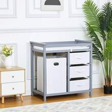 Portable Baby Changing Table Wooden Infant Diaper Changing Station Dresser With Laundry Hamper 3 Storage Drawers And Pad For Infant And Newborn - 灰色 - 查看 1