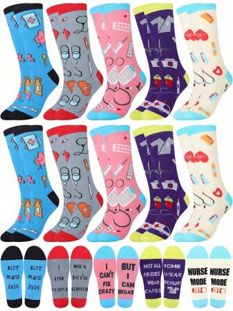 5/10 par/set färgglada strumpor för kvinnor med ord Design Roliga sjuksköterskepresenter för kvinnor Coola presenter för sjuksköterskor Damstrumpor i mitten av vaden för vardagen