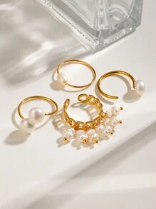 Uworld 1 件女士简约优雅淡水珍珠素面戒指开口戒指 18K 镀金不锈钢扭曲竹戒指适合日常佩戴节日派对节日婚礼等。 - 珍珠 - 查看 3