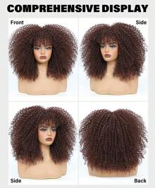 16 Inch Curly Wig Curly Wigs For Women Afro Kinky Curly Wig With Bangs Full And Fluffy Glueless Wig Synthetic Hair Replacement Wigs For Cosplay And Daily - Dark Brown - 查看 3