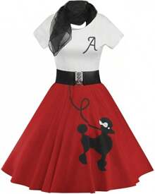 Women's Retro Poodle Printed Skater Skirt Retro High Waist Rock Swing T-Shirt Cocktail Party Dress - 紅色 - 查看 1