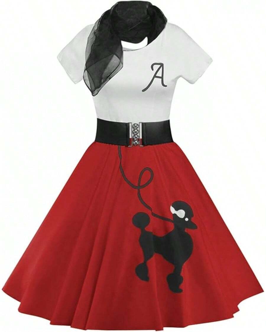Women's Retro Poodle Printed Skater Skirt Retro High Waist Rock Swing T-Shirt Cocktail Party Dress - 紅色 - 查看 1