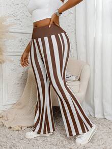 Plus Size Women's Wide Leg Striped Print Casual Pants, Long Length - Brown - View 5