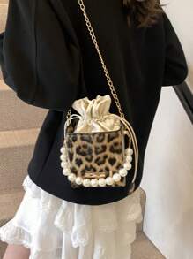 Tas Tangan Mini Motif Leopard dengan Tali Serut dan Hiasan Mutiara Imitasi, Tas Mutiara Imitasi Elegan, Tas Motif Macan Tutul Musim Gugur/Musim Dingin Terbaru untuk Wanita, Tas Motif Cheetah Musim Gugur/Musim Dingin Terbaru untuk Wanita - Khaki - View 6