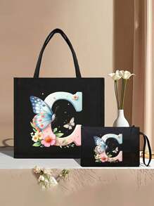 Color Gradient Butterfly Flower Letter A-Z Pattern Tote And Cosmetic Bag Set, Casual Style, Fabric Structure - Black - View 30