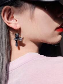 1 Pair Asymmetric Black & White Kitty Design Earrings, Stylish & Edgy For Party, Holiday, Daily Wear