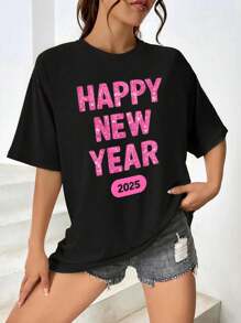 Happy New Year 2025 Women's Casual Women T-Women's Shirt - Short Sleeve Crew Neck With Geometric Print For Celebrating The New Year