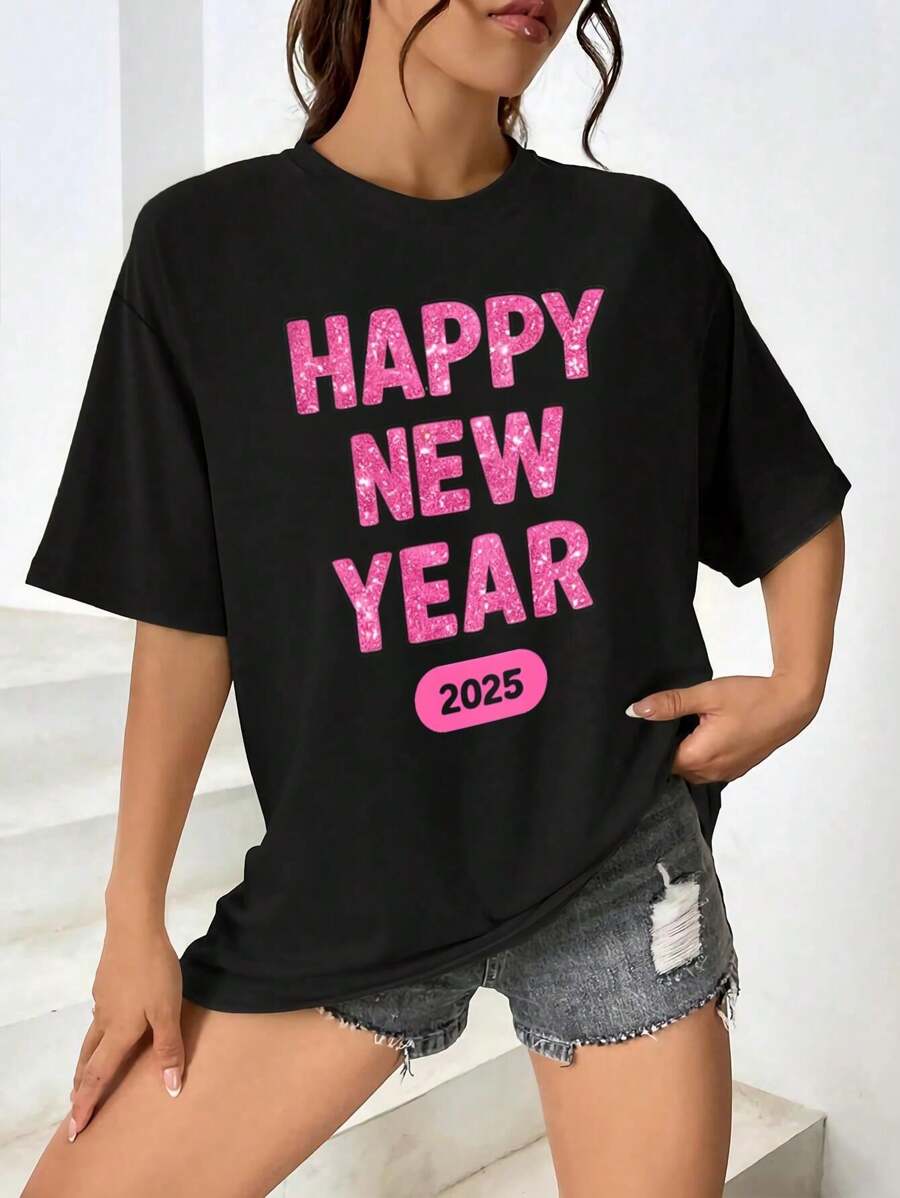 Happy New Year 2025 Women's Casual Women T-Women's Shirt - Short Sleeve Crew Neck With Geometric Print For Celebrating The New Year