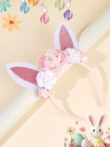 1pc Happy Easter Headband With Flower Decor,Cute Pink And White Rabbit Ears Party Costume Headdress For Party Supplies,Photo Props Hairband.