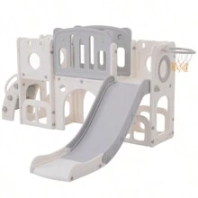 Scivolo 6 in 1 con uno scivolo, due piattaforme, due armadietti da pavimento, canestro da basket e scale - Polietilene ad alta densità (palle oceaniche non incluse)