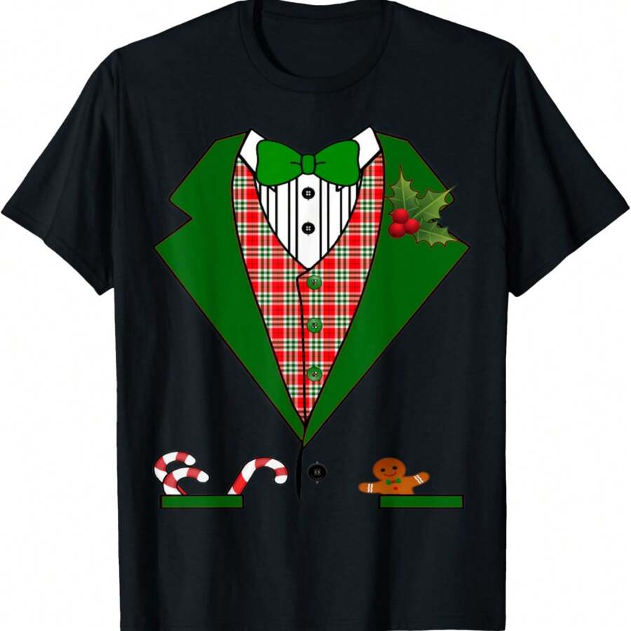 Tuxedo T Shirt For Men & Boys Christmas Red & Green Tux T-Shirt - Black - View 1
