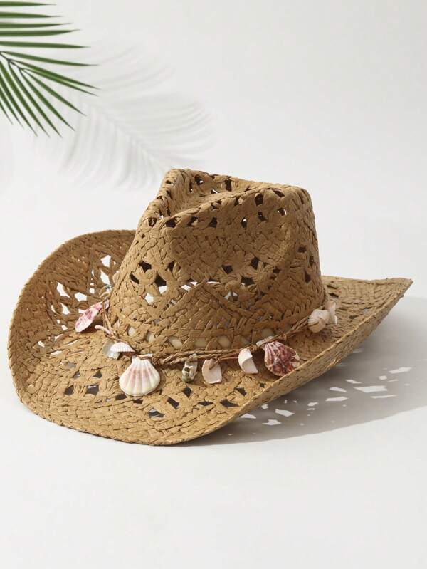 1pcs Unisex Shell Decor Cowboy Hat Hollow Printed Cowgirl Hat Spring Summer Travel Shade Beach Hat Casual Sun Hat Straw Hat